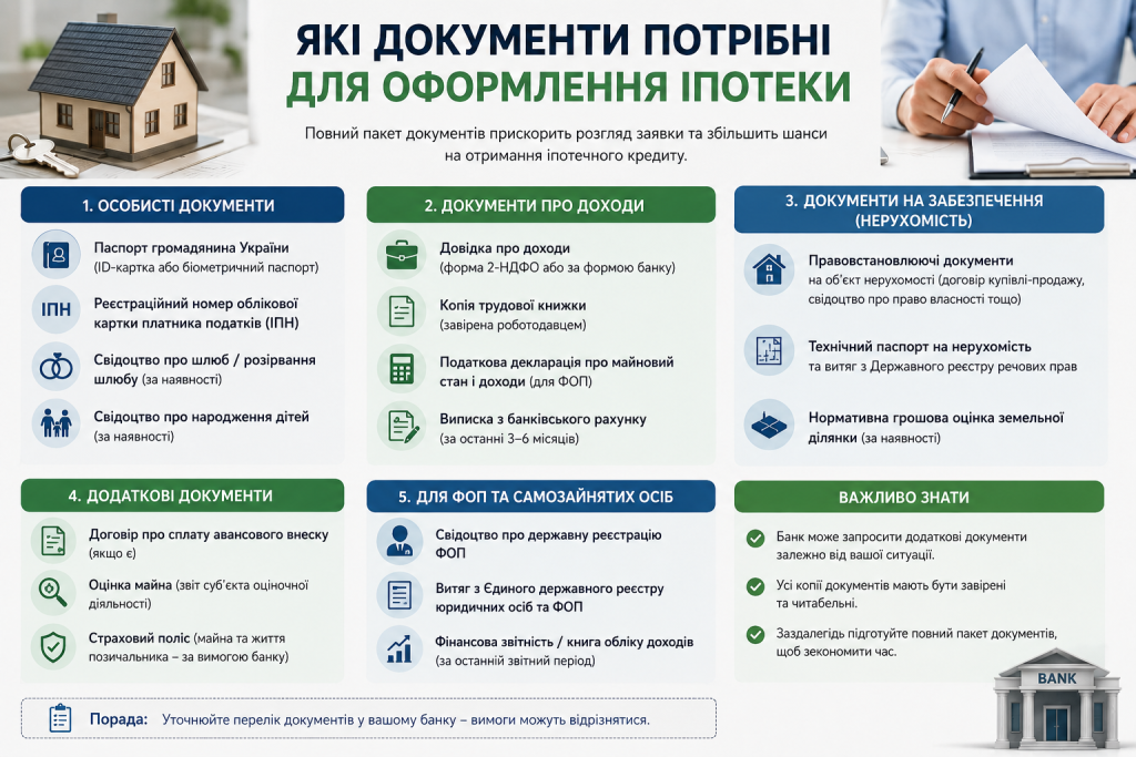 Інфографіка з переліком документів для оформлення іпотечного кредиту