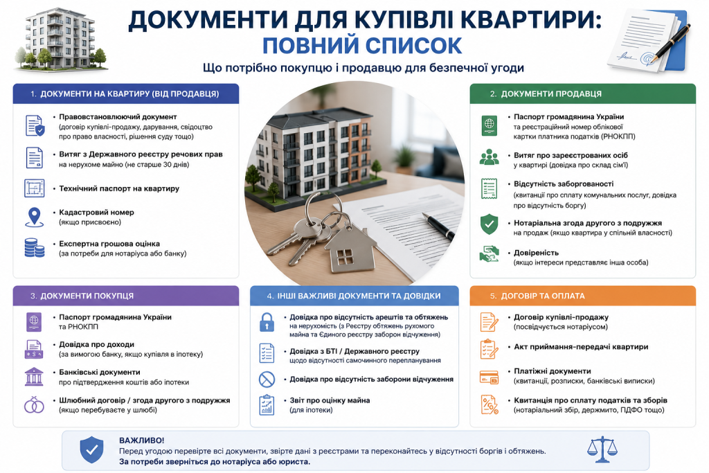 Інфографіка з повним переліком документів для купівлі квартири