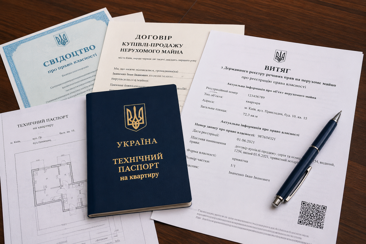 Технічний паспорт, свідоцтво про право власності, договір купівлі-продажу та витяг з реєстру на столі