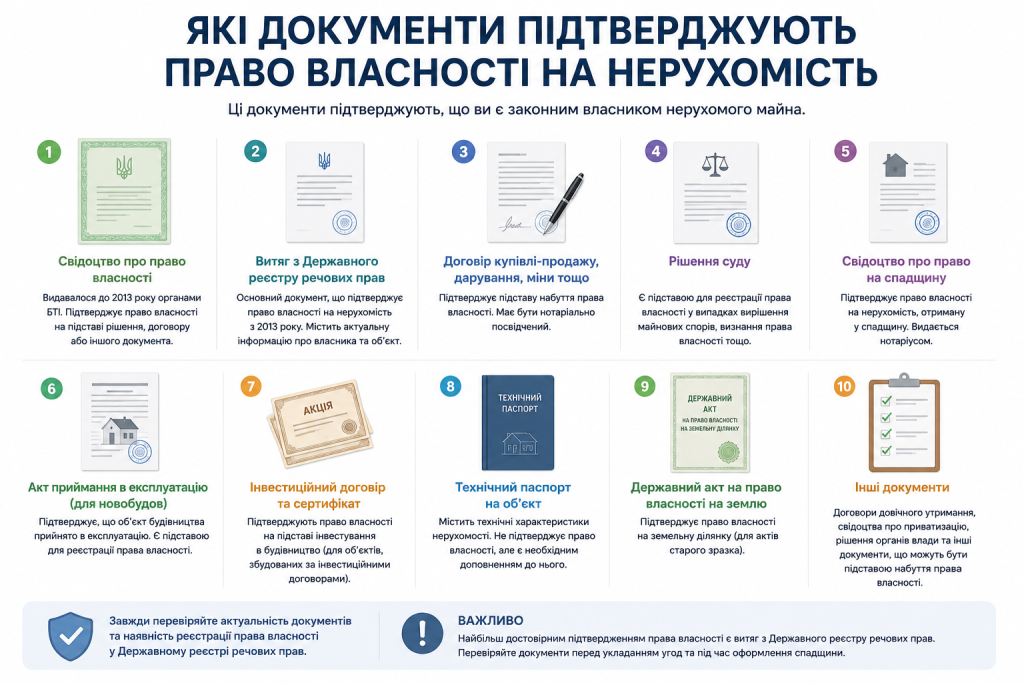 Інфографіка з 10 видами документів на право власності на нерухомість