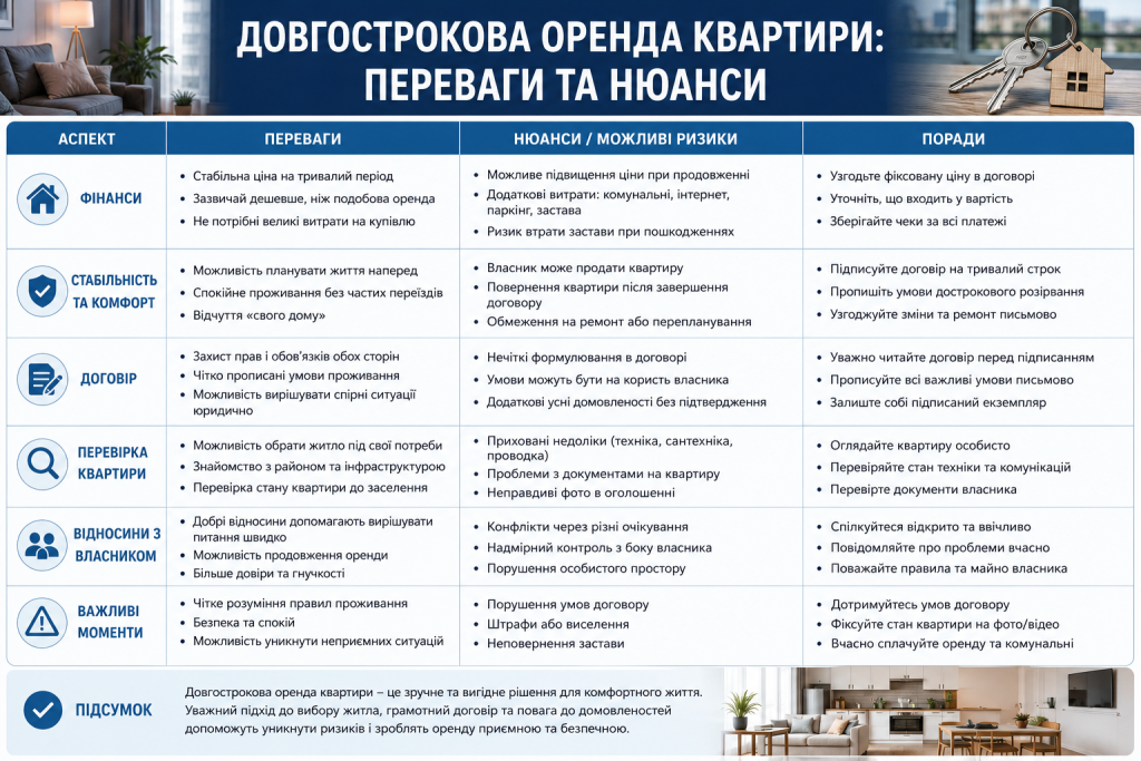 Інфографіка з перевагами, ризиками та порадами щодо довгострокової оренди квартири