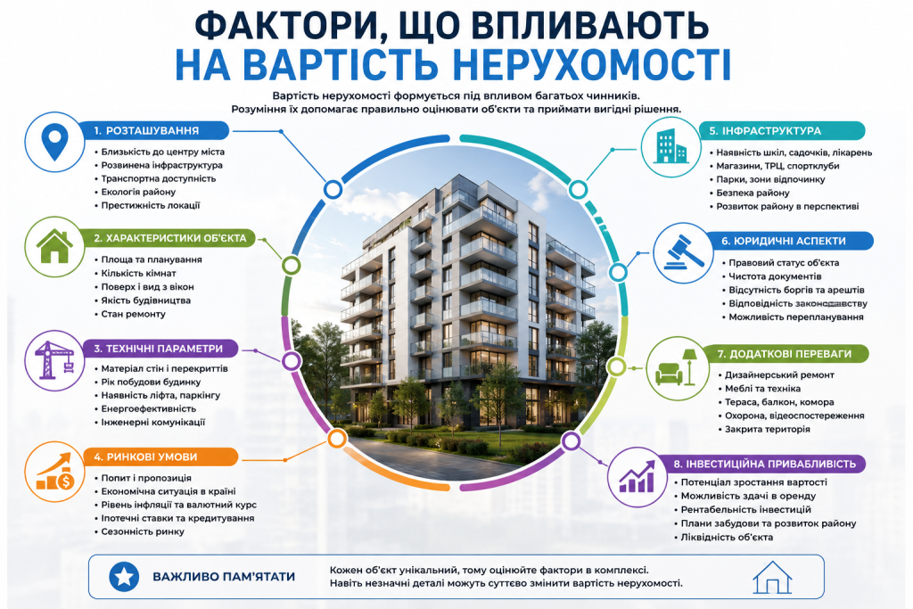 Інфографіка про основні фактори формування вартості нерухомості: розташування, характеристики, інфраструктура та документи.