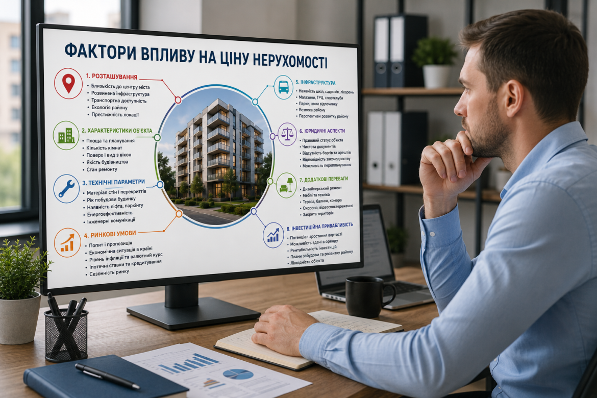 Чоловік аналізує на моніторі інфографіку про фактори, що впливають на ціну нерухомості.