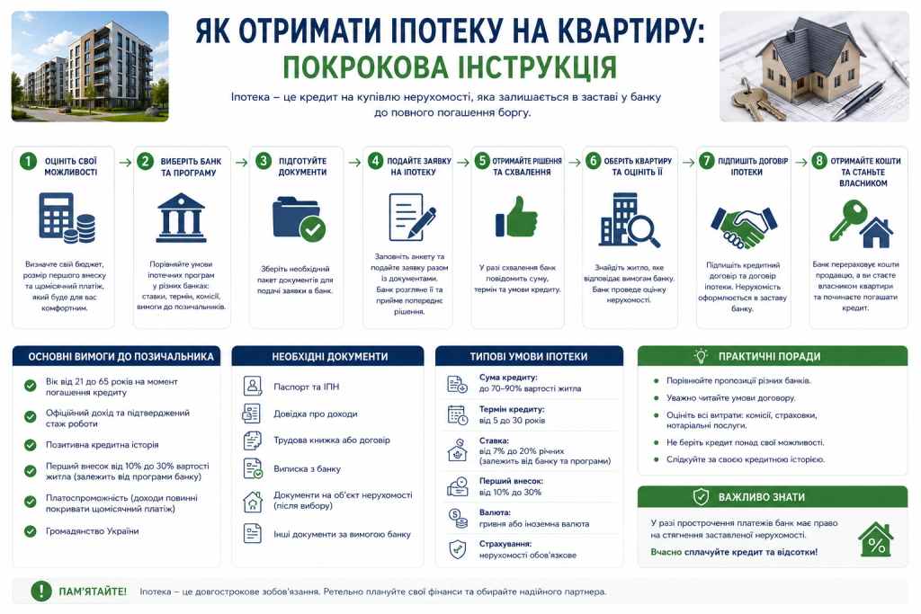 Інфографіка з 8 кроками оформлення іпотеки на квартиру