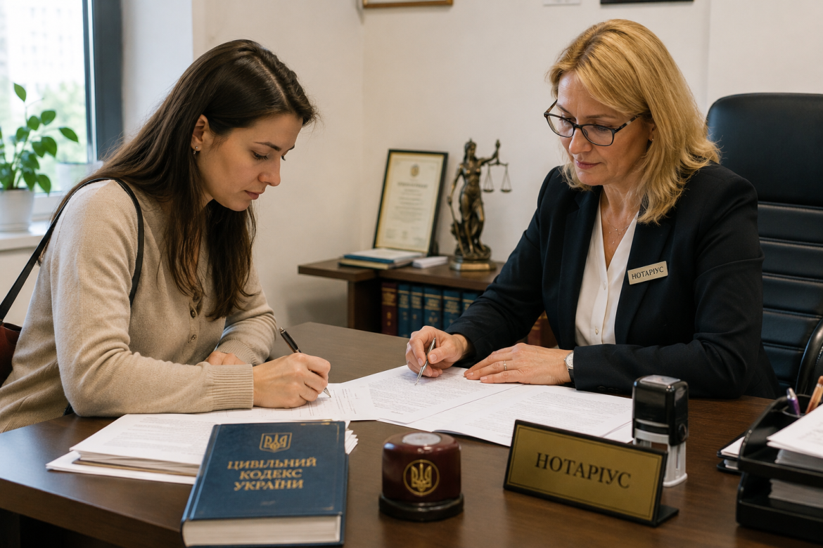 Жінка підписує документи на оформлення спадщини під час консультації у нотаріуса.