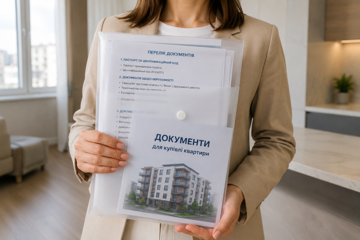 Жінка тримає папку з документами для купівлі квартири