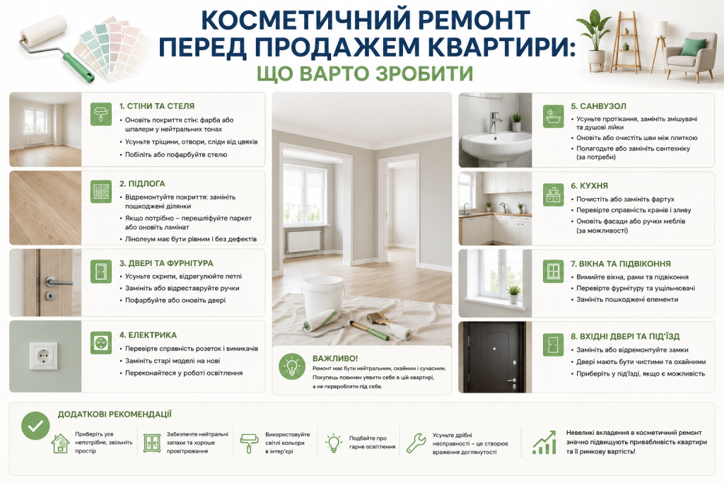 Інфографіка з порадами щодо косметичного ремонту квартири перед продажем