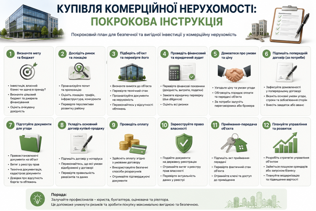 Інфографіка з 12 кроками купівлі комерційної нерухомості