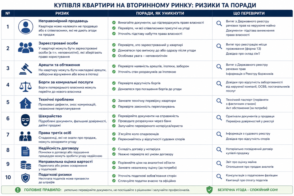 Таблиця з переліком ризиків при купівлі квартири на вторинному ринку та порадами як їх уникнути