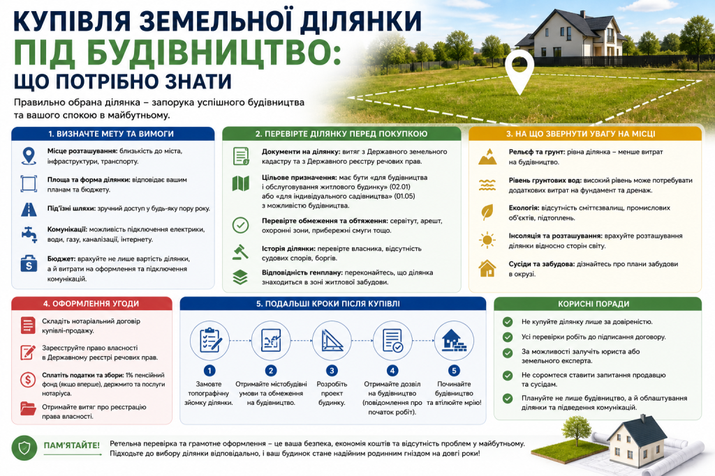 Інфографіка про вибір земельної ділянки під будівництво, перевірку документів та оформлення угоди.