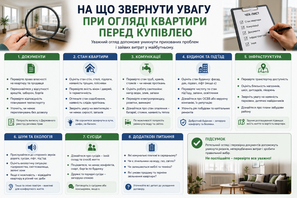 Інфографіка з чек-листом огляду квартири перед купівлею