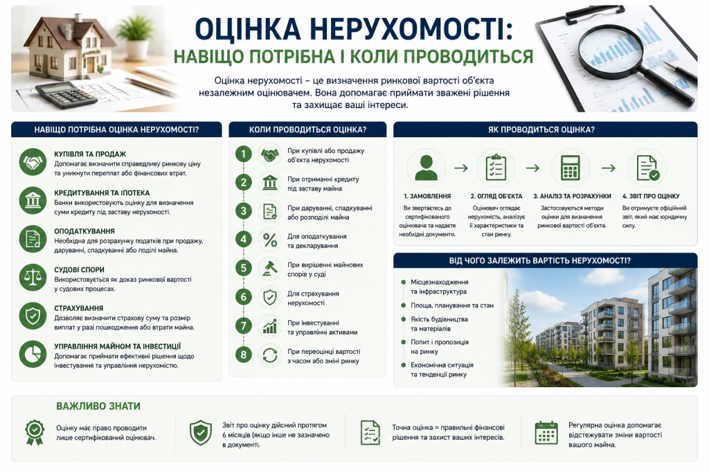 Інфографіка про причини та випадки проведення оцінки нерухомості