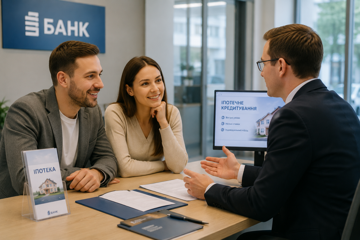 Пара спілкується з банківським менеджером про умови іпотечного кредитування