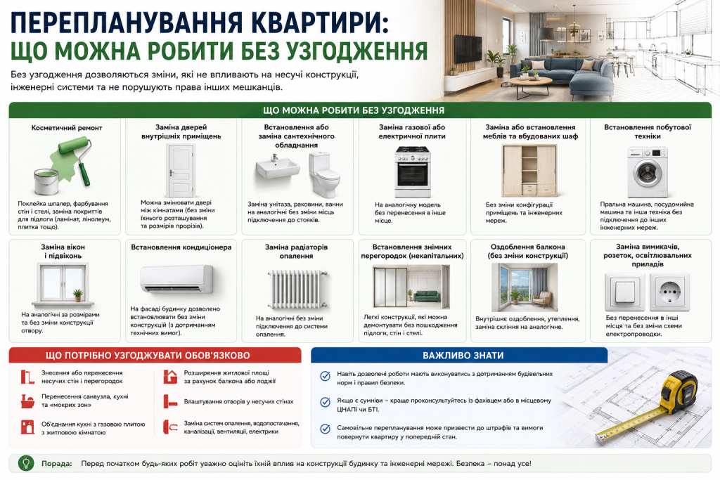 Інфографіка про дозволені та заборонені зміни під час перепланування квартири без погодження.