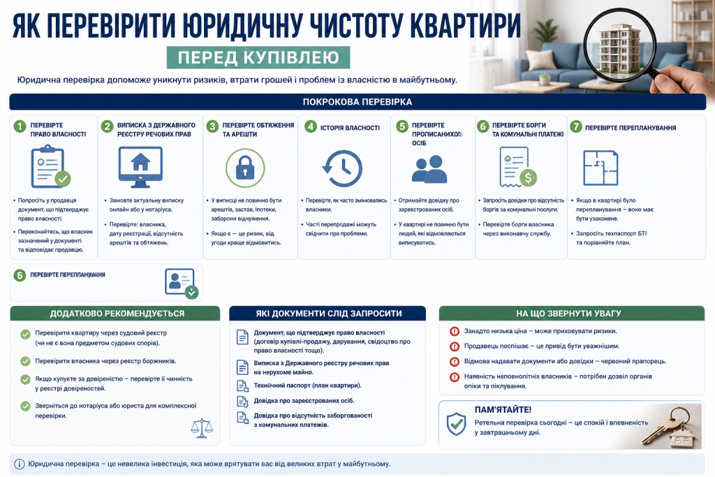 Інфографіка про юридичну перевірку квартири перед купівлею