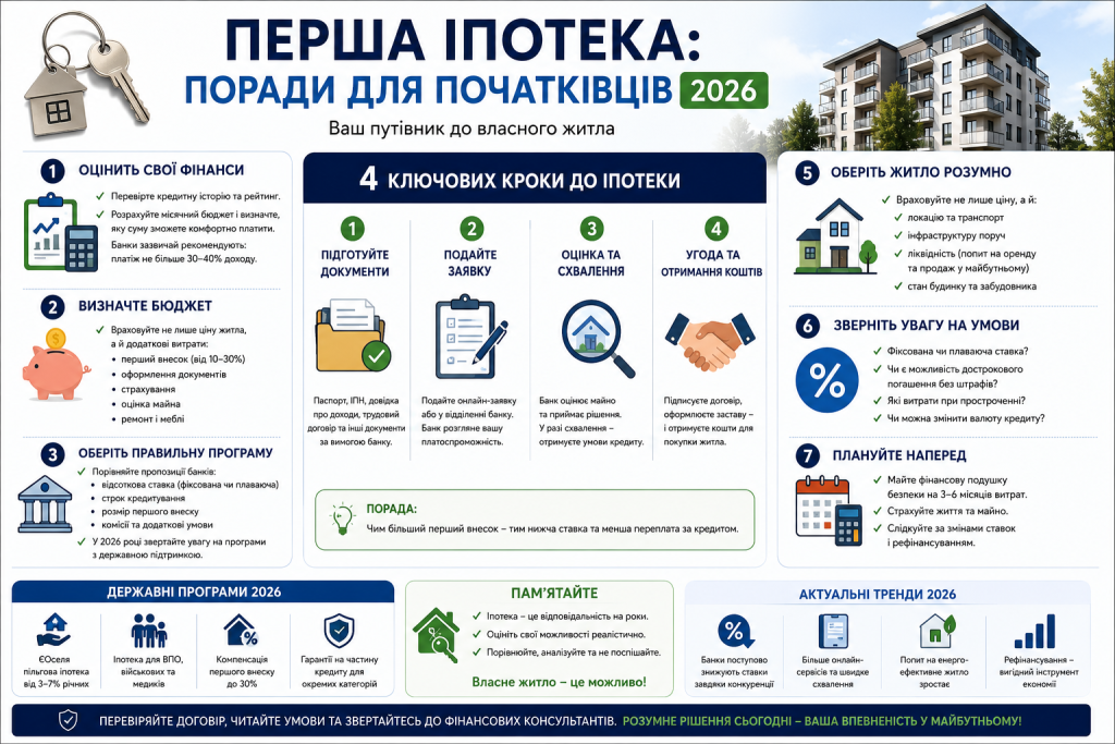 Інфографіка з покроковими порадами щодо оформлення першої іпотеки та державними програмами 2026