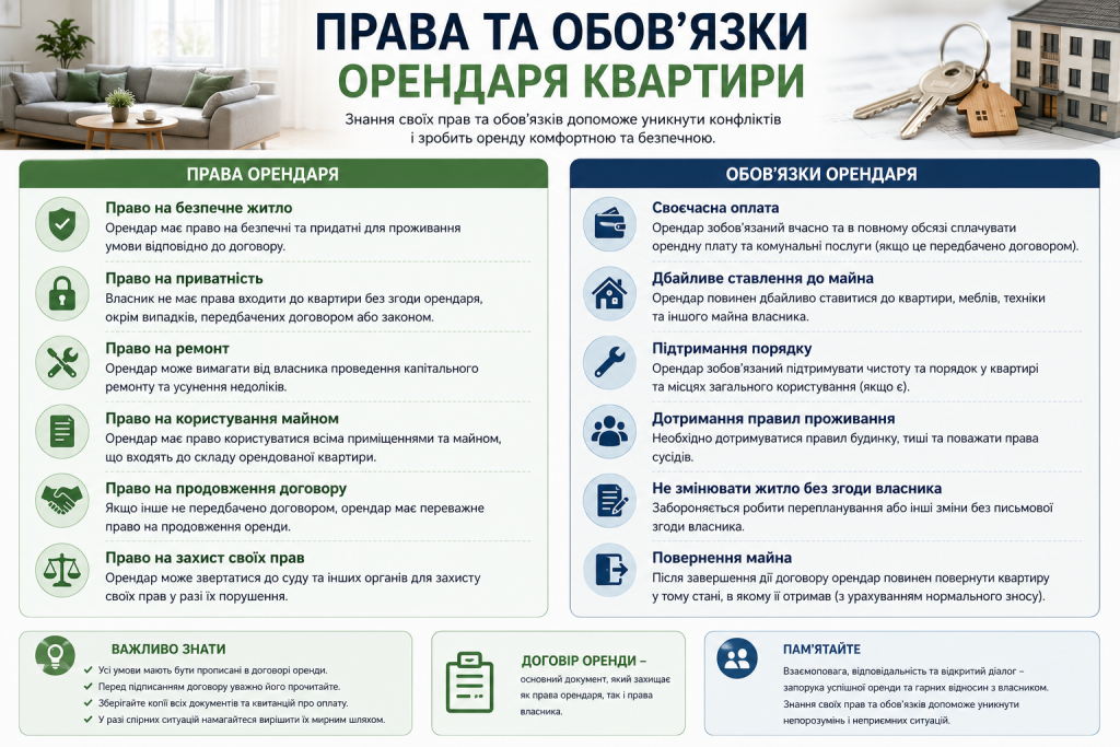 Інфографіка з правами та обов'язками орендаря при оренді квартири