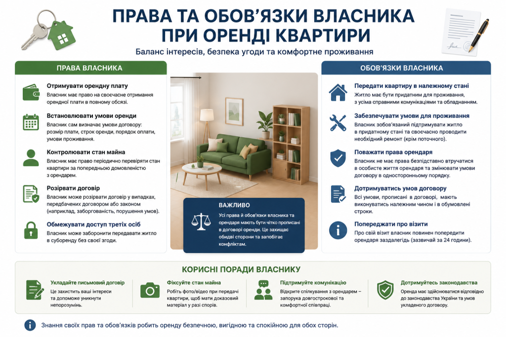 Інфографіка з правами та обов'язками власника квартири при здачі в оренду
