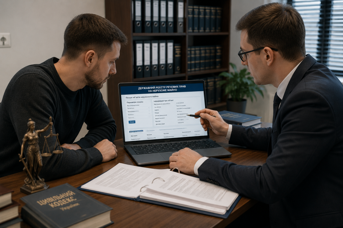 Покупець разом із юристом перевіряє дані про квартиру в державному реєстрі