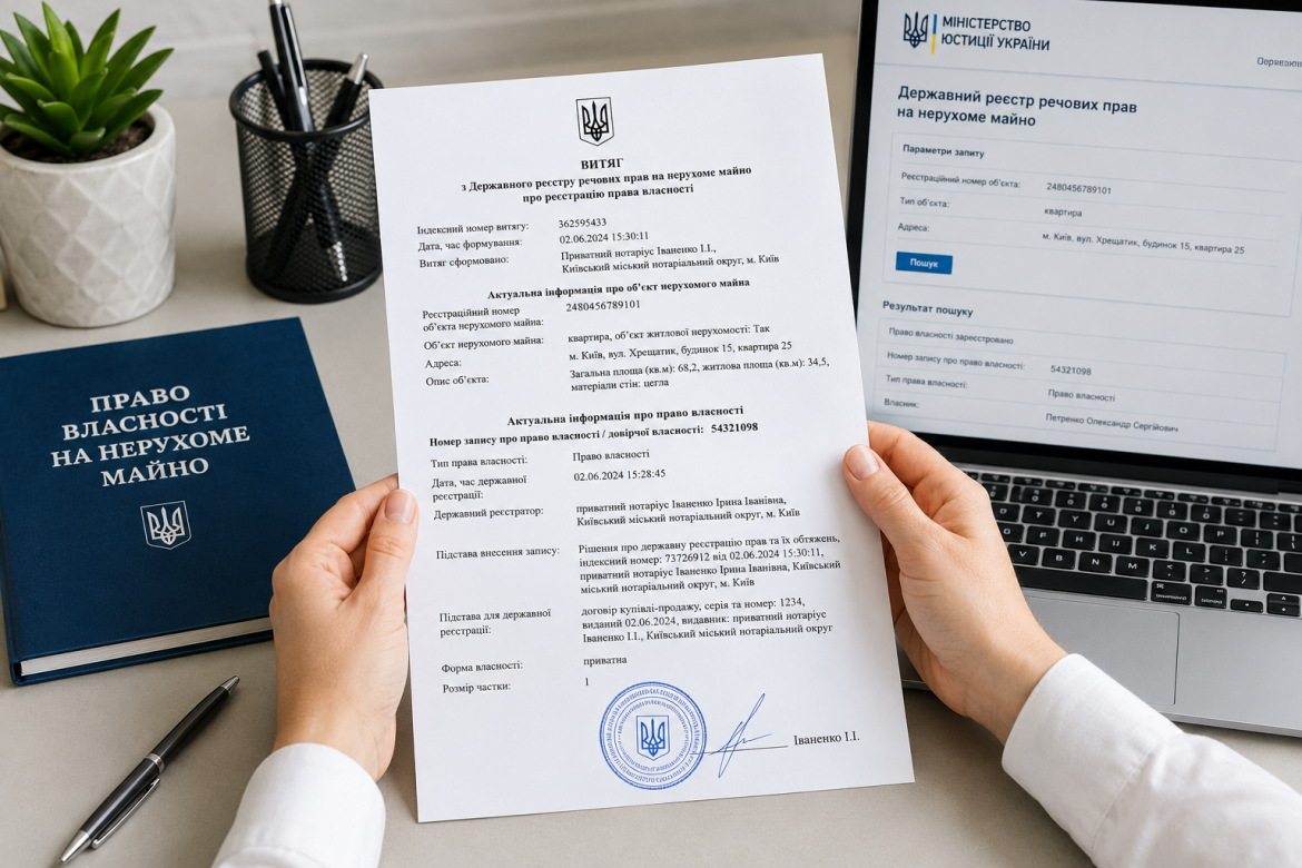 Витяг з Державного реєстру речових прав на нерухоме майно в руках людини на фоні ноутбука
