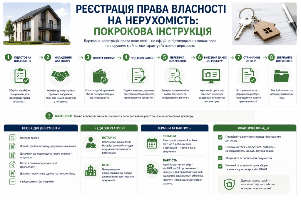 Інфографіка з 8 кроками реєстрації права власності на нерухомість