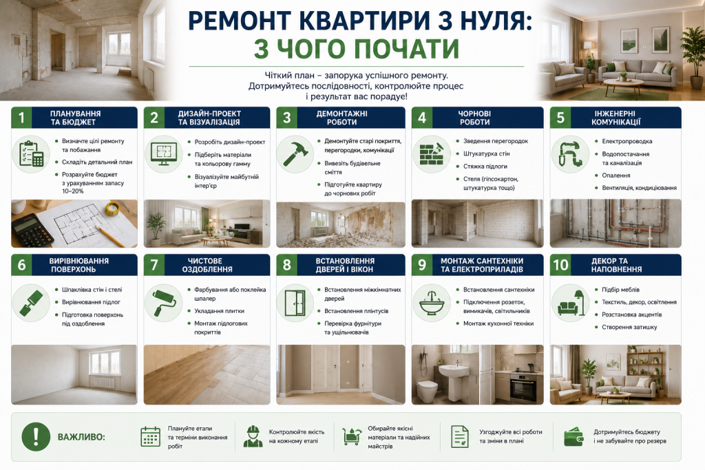 Інфографіка з 10 етапами ремонту квартири з нуля