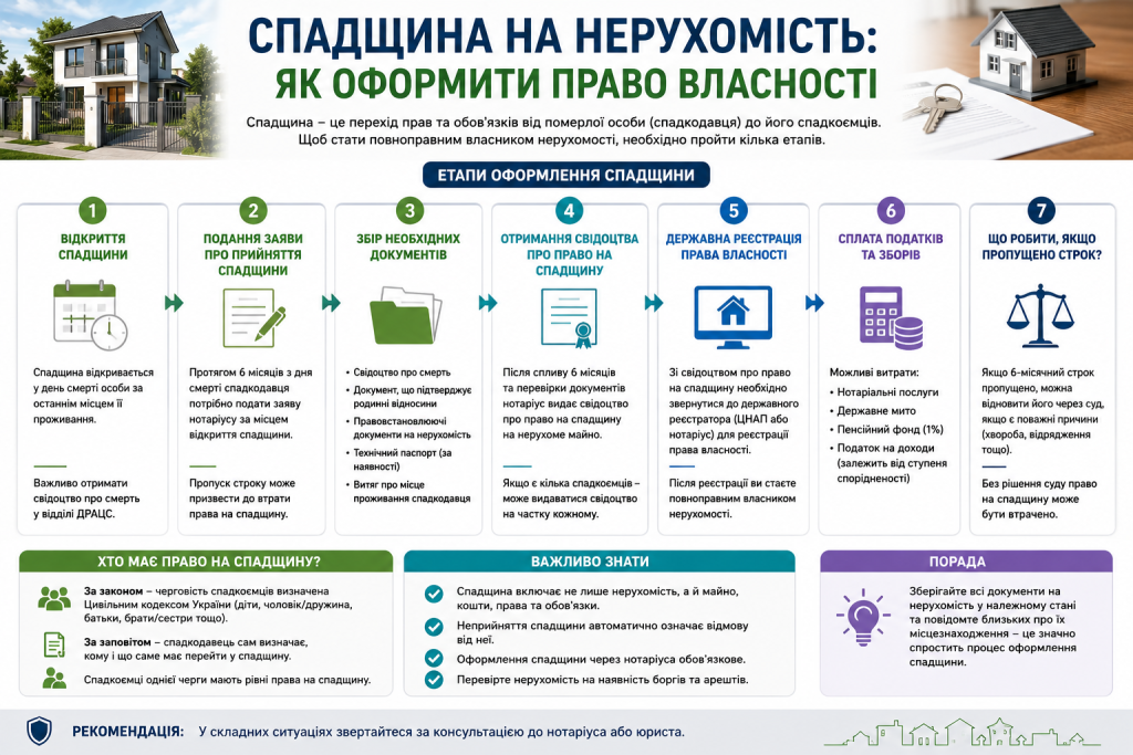 Інфографіка про порядок оформлення спадщини на нерухомість та реєстрацію права власності.