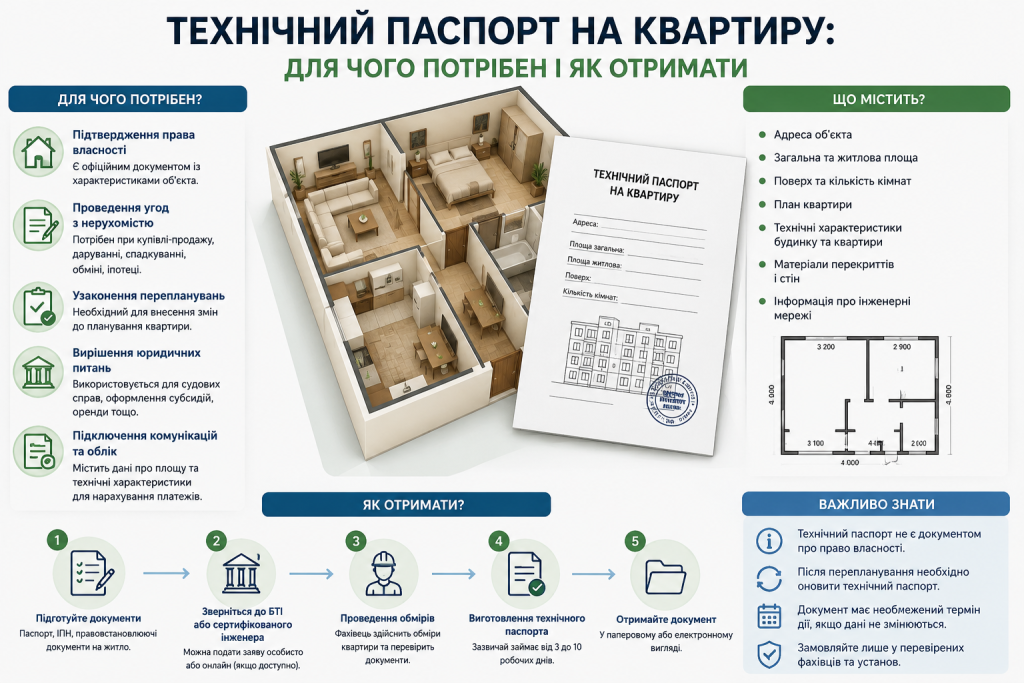 Інфографіка про призначення та порядок отримання технічного паспорта на квартиру