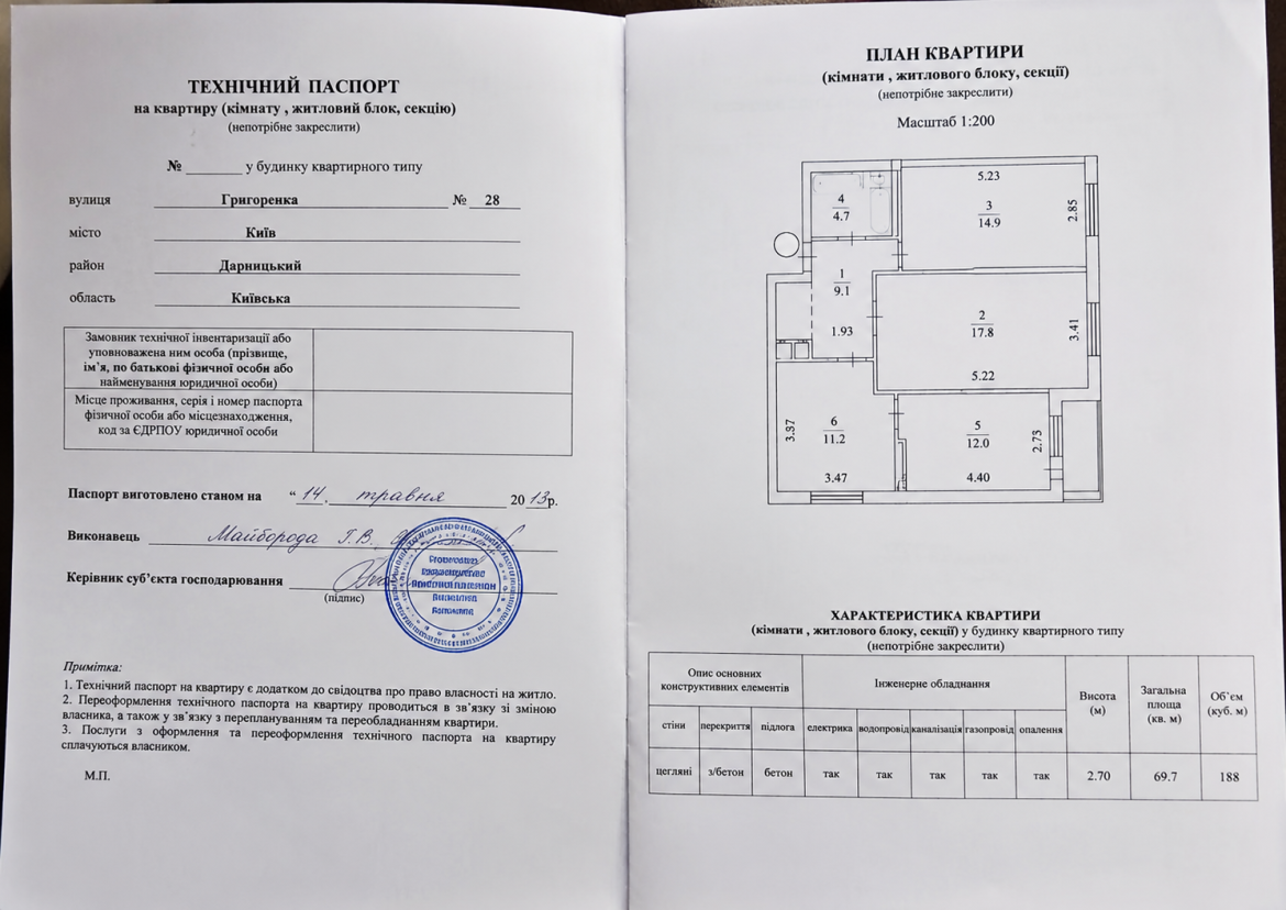 Зразок технічного паспорта на квартиру з планом приміщення та характеристиками