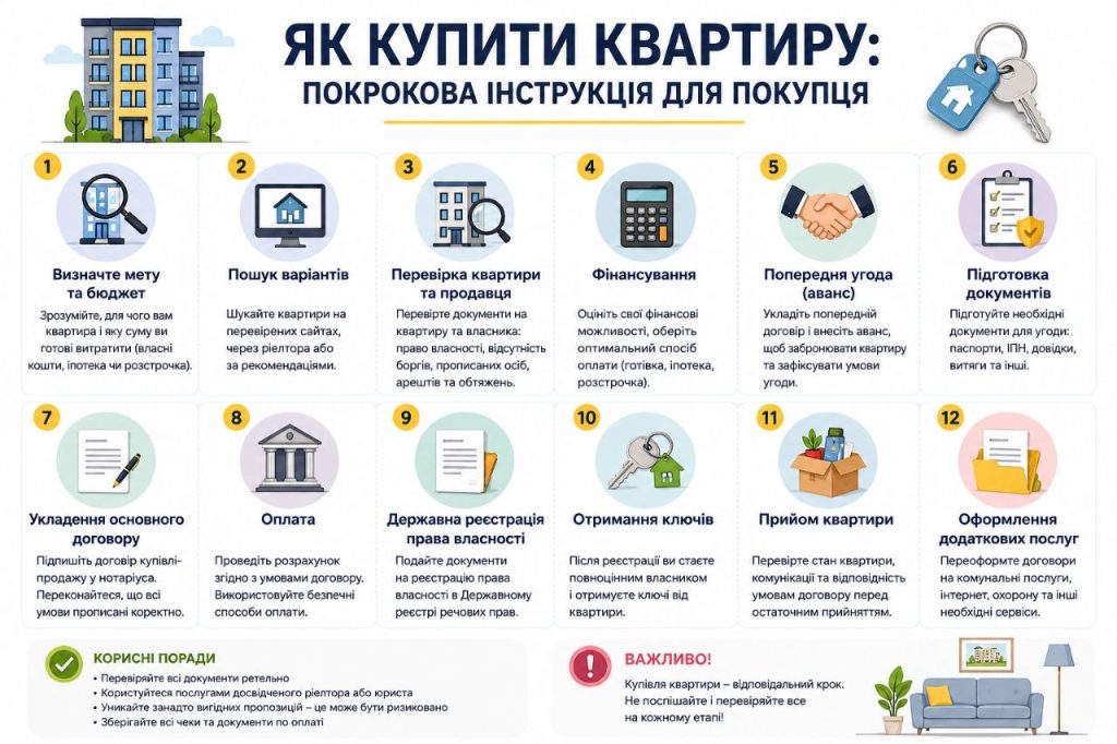 Інфографіка з 12 кроками купівлі квартири для покупця