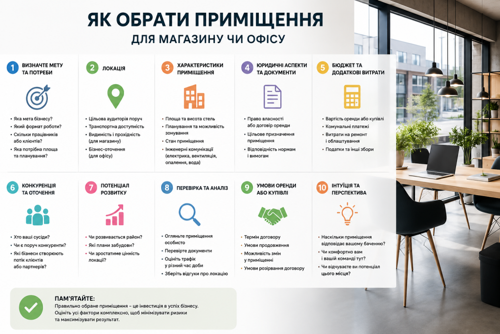 Інфографіка з 10 кроками вибору приміщення для магазину або офісу