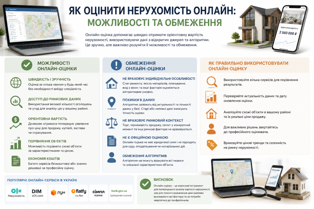 Інфографіка про можливості та обмеження онлайн-оцінки нерухомості