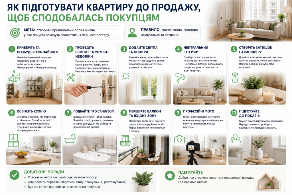 Інфографіка з 10 порадами щодо підготовки квартири до продажу