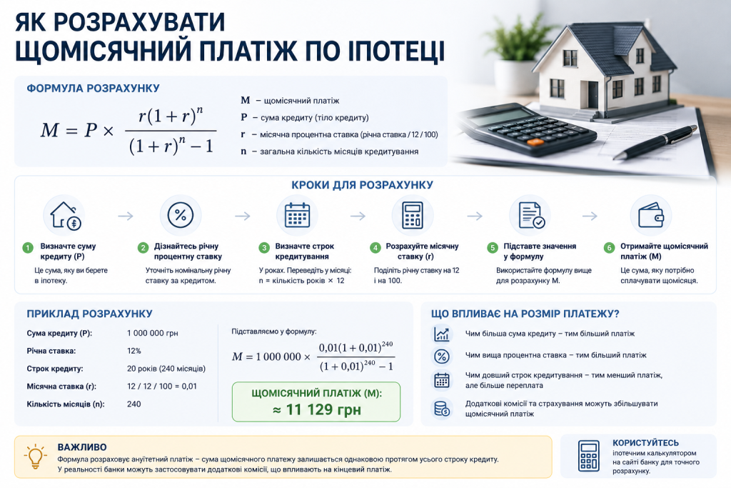 Інфографіка з формулою та прикладом розрахунку щомісячного платежу по іпотеці