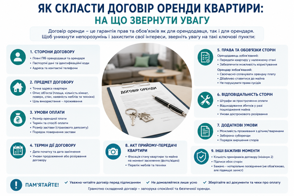 Інфографіка з ключовими пунктами договору оренди квартири