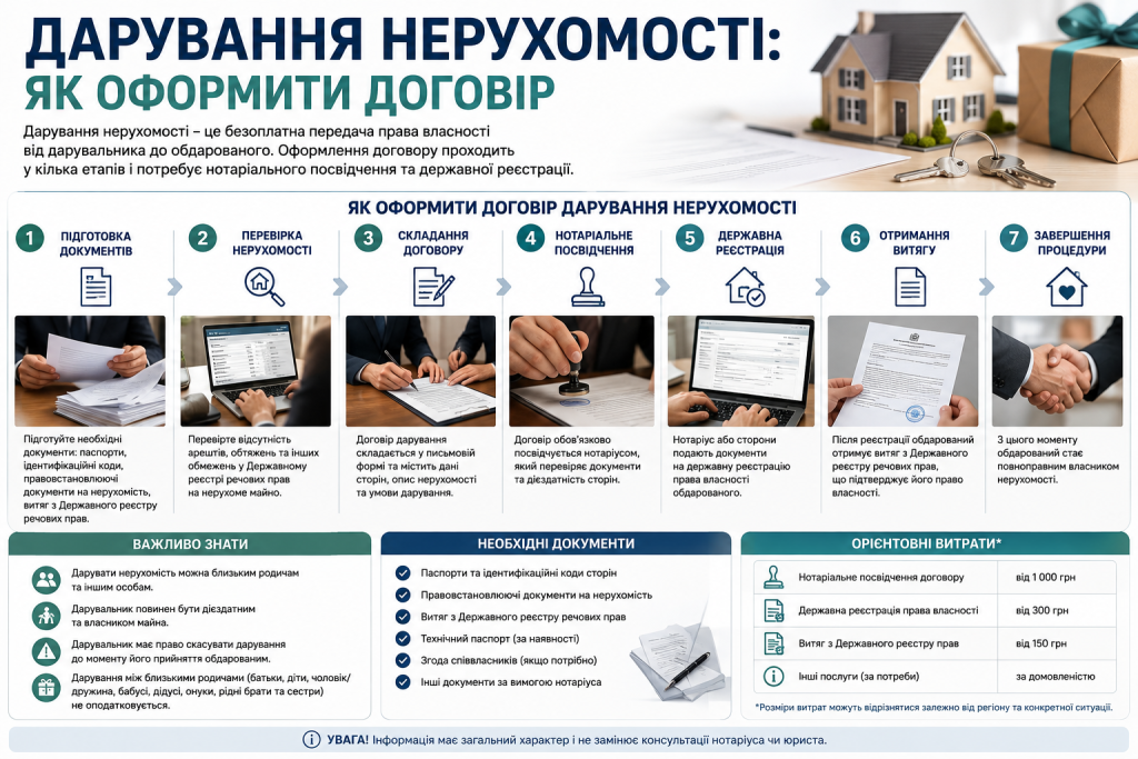 Інфографіка про оформлення договору дарування нерухомості, необхідні документи, нотаріальне посвідчення та державну реєстрацію