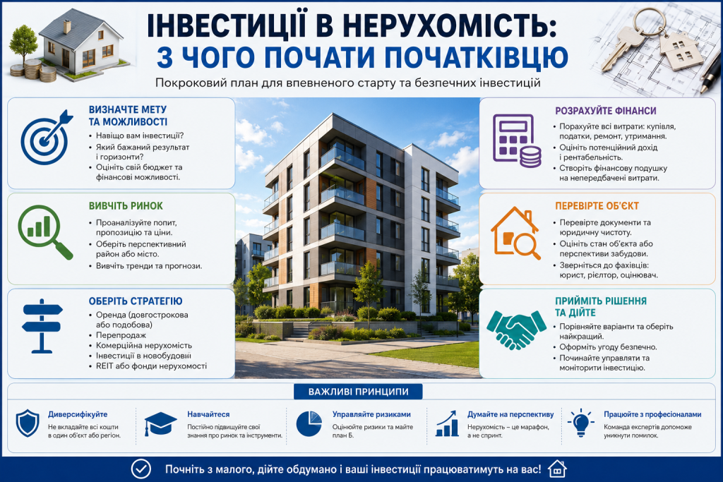 Інфографіка про початок інвестування в нерухомість, аналіз ринку, фінансове планування, перевірку об’єкта та вибір інвестиційної стратегії.