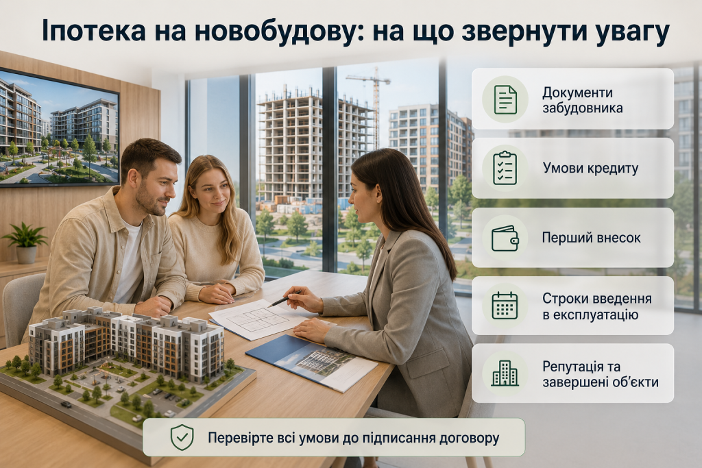 Інфографіка про вибір іпотеки на новобудову, документи забудовника, умови кредиту та перший внесок