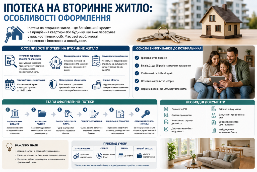 Інфографіка про іпотеку на вторинне житло, вимоги банків, етапи оформлення кредиту та необхідні документи
