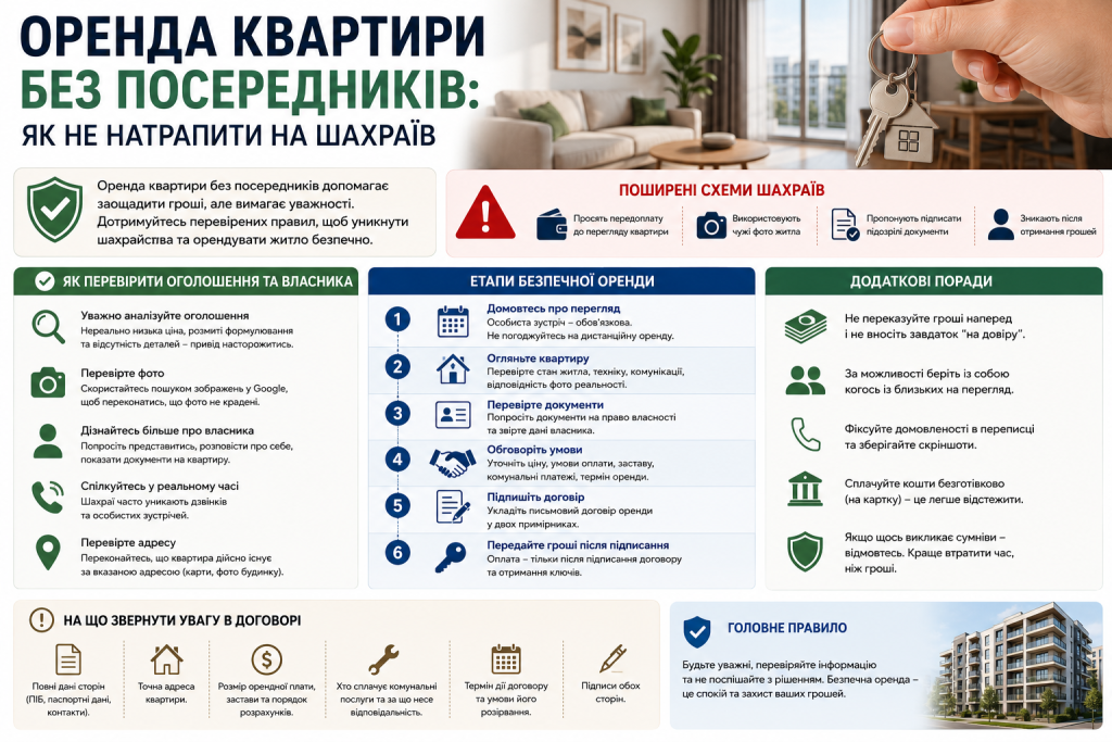 Інфографіка про безпечну оренду квартири без посередників, перевірку власника, договору та поширені схеми шахрайства