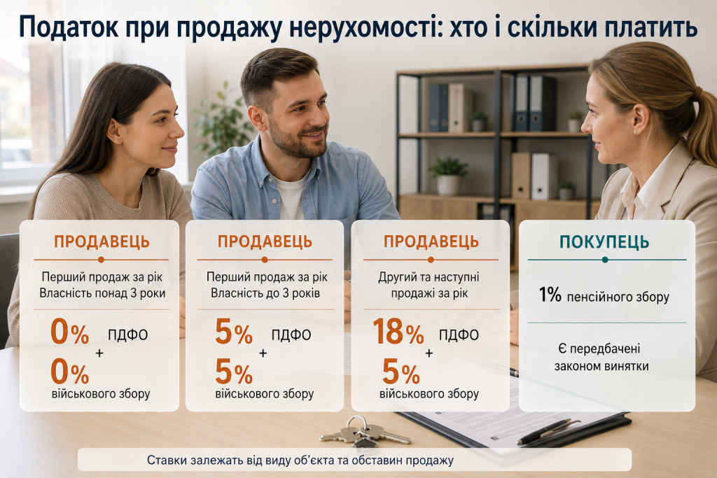Інфографіка про податки та збори під час продажу нерухомості залежно від строку володіння і кількості продажів