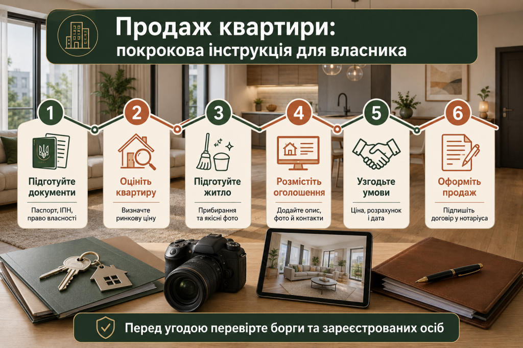 Інфографіка з основними етапами продажу квартири: підготовка документів, оцінка, підготовка житла, оголошення, переговори та оформлення угоди.