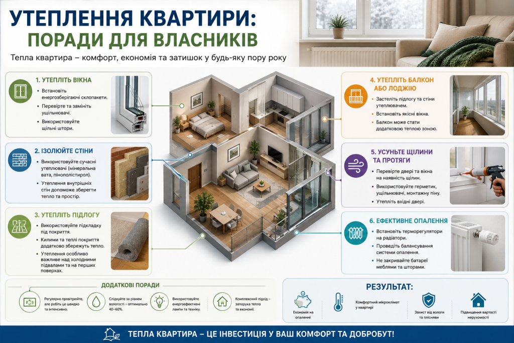 Інфографіка про утеплення квартири, теплоізоляцію вікон, стін, підлоги, балкона, усунення протягів та ефективне опалення.