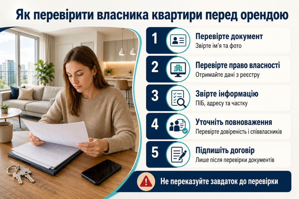 Інфографіка з порадами щодо перевірки документів, права власності, співвласників і повноважень власника квартири перед орендою.