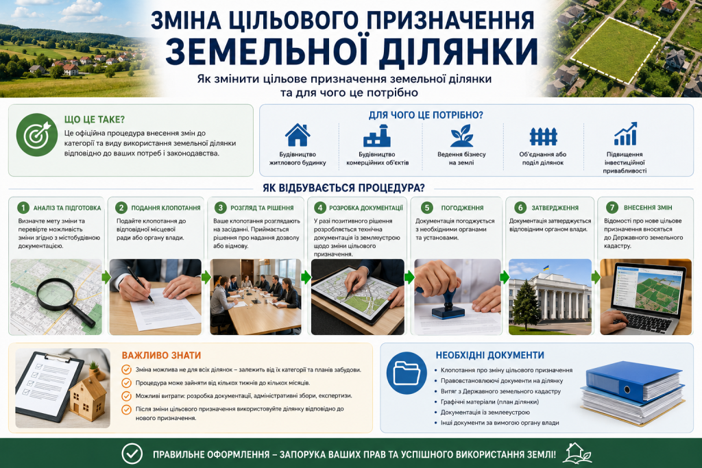 Інфографіка про процедуру зміни цільового призначення земельної ділянки, етапи оформлення, документи та погодження.