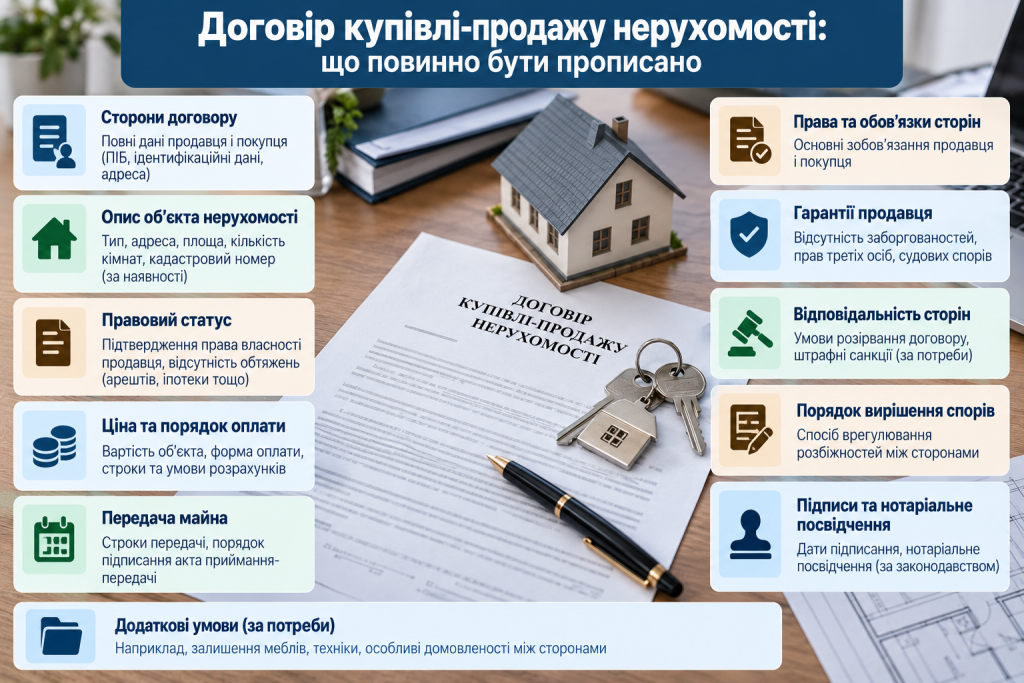 Інфографіка про основні пункти договору купівлі-продажу нерухомості, права сторін, оплату, передачу майна та нотаріальне посвідчення.