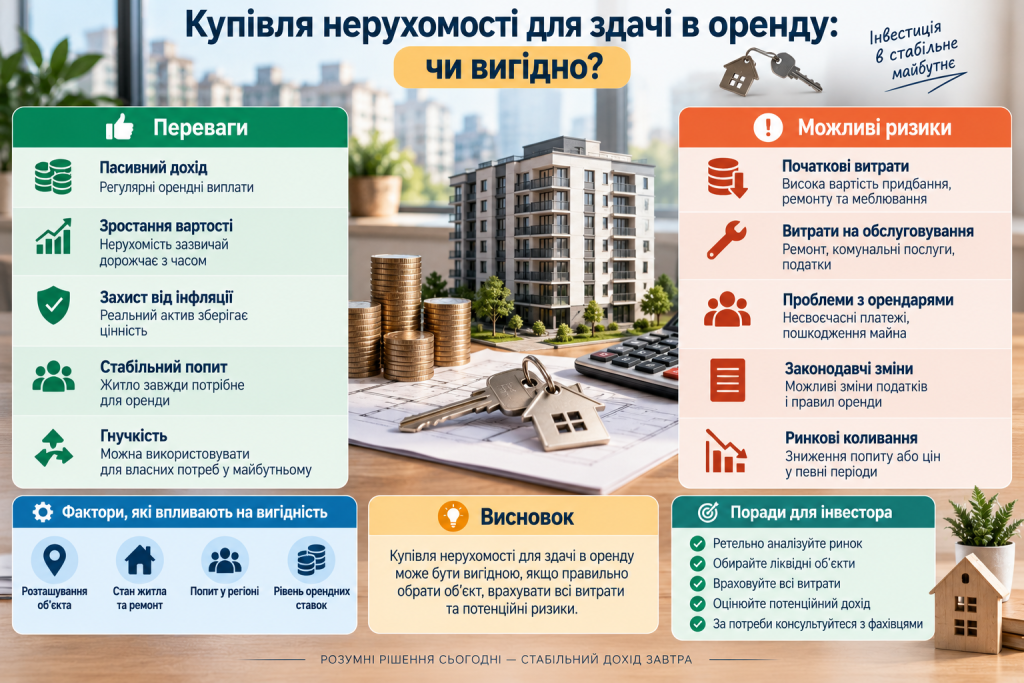 Інфографіка про інвестування в нерухомість для здачі в оренду з аналізом потенційного доходу, витрат, ризиків і факторів прибутковості.