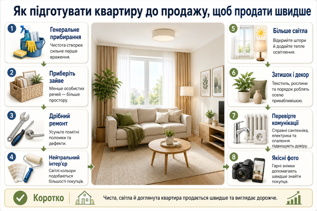 Інфографіка з порадами щодо прибирання, ремонту, нейтрального інтер’єру, освітлення та підготовки квартири до продажу