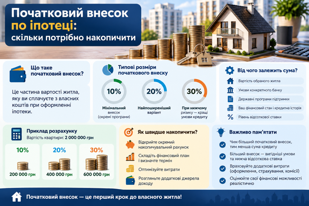 Інфографіка про початковий внесок по іпотеці, його розмір, розрахунок і способи накопичення