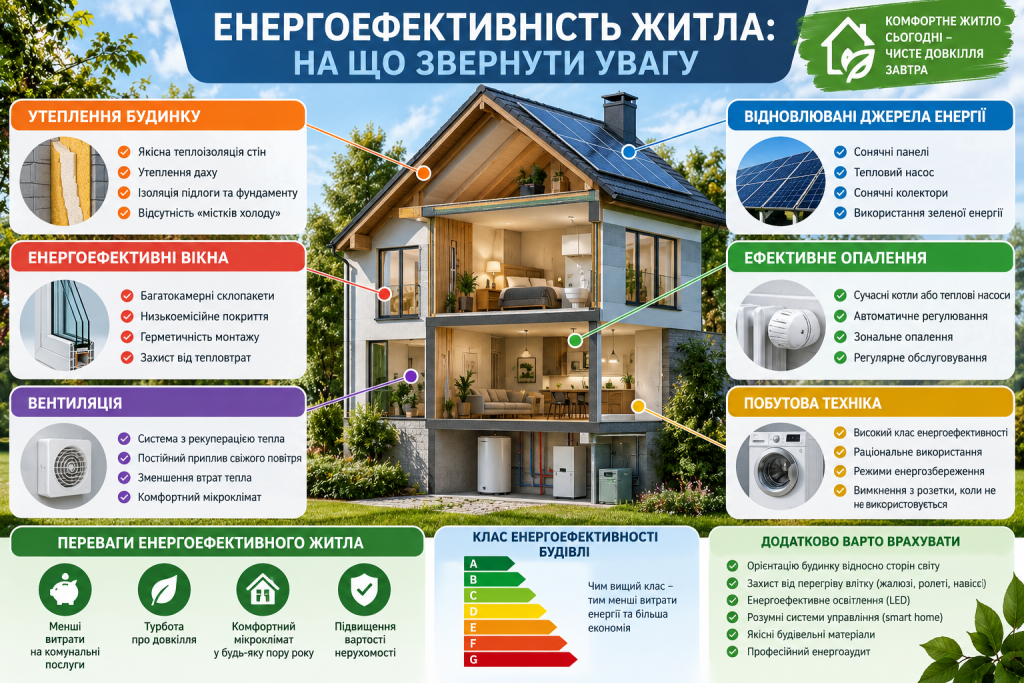 Інфографіка про енергоефективність будинку, утеплення, вікна, вентиляцію, опалення, побутову техніку та відновлювану енергію